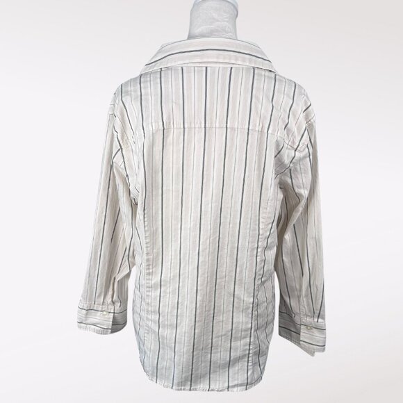 Vintage Dockers Button Up Shirt White Gray Striped 3/4 Sleeve Slim Fit XL - Picture 5 of 9